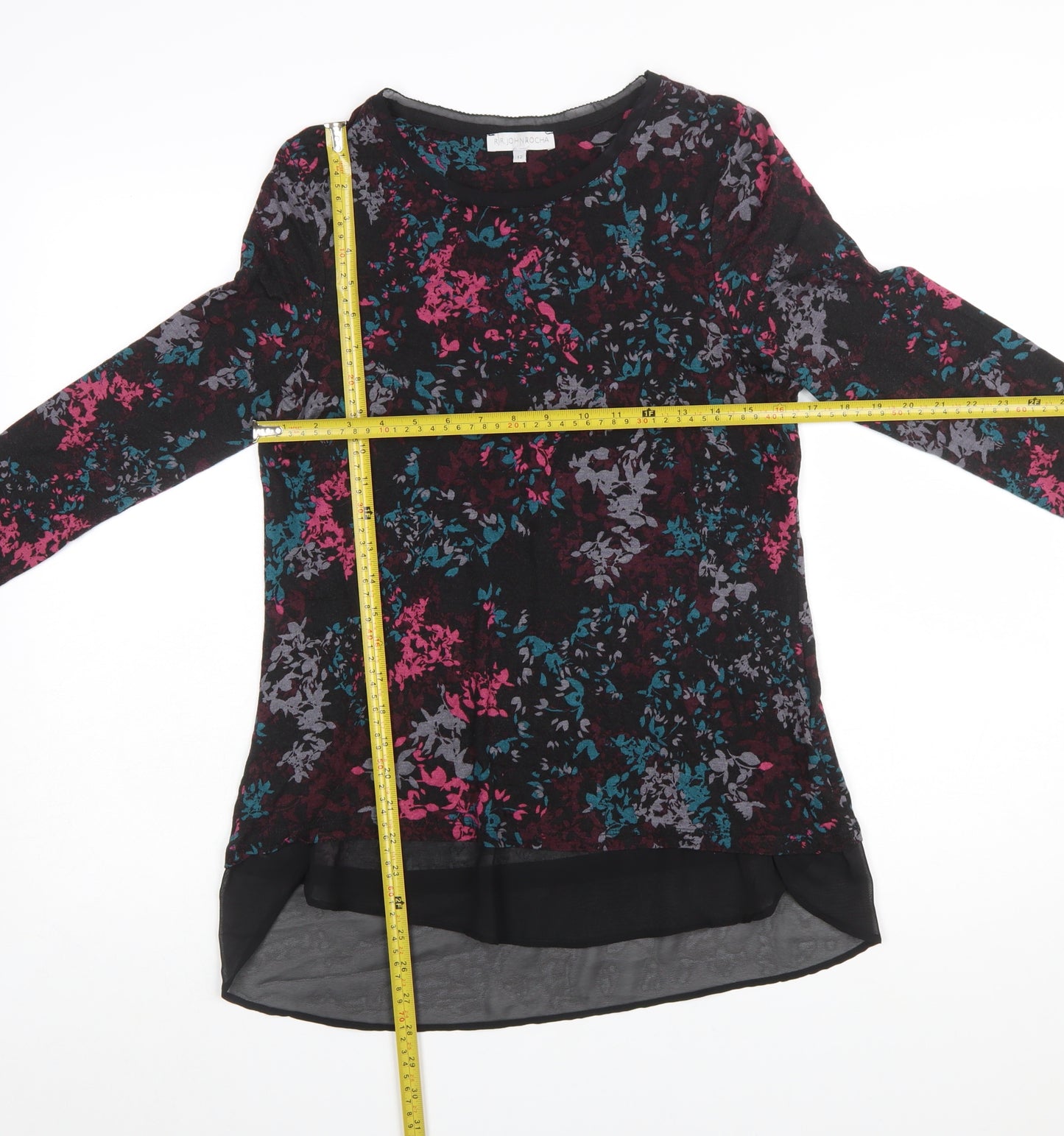 RJR John Rocha Women Black Floral Tunic Top Size 12 Long Sleeve Viscoe Blend