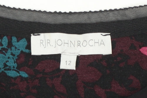 RJR John Rocha Women Black Floral Tunic Top Size 12 Long Sleeve Viscoe Blend