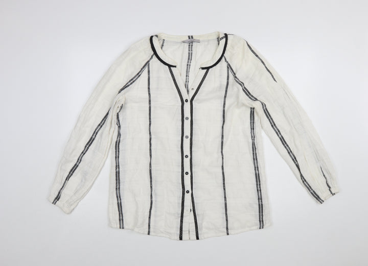 Marks and Spencer Womens White Striped Cotton Long Sleeve Blouse Size 10