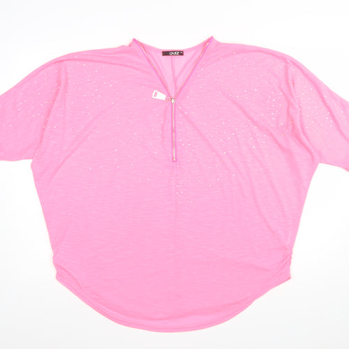 Quiz Womens Pink Rhinestone Zip V-Neck Short Sleeve Relaxed T-Shirt M