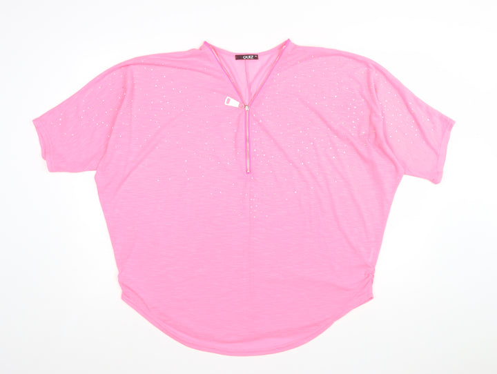 Quiz Womens Pink Rhinestone Zip V-Neck Short Sleeve Relaxed T-Shirt M