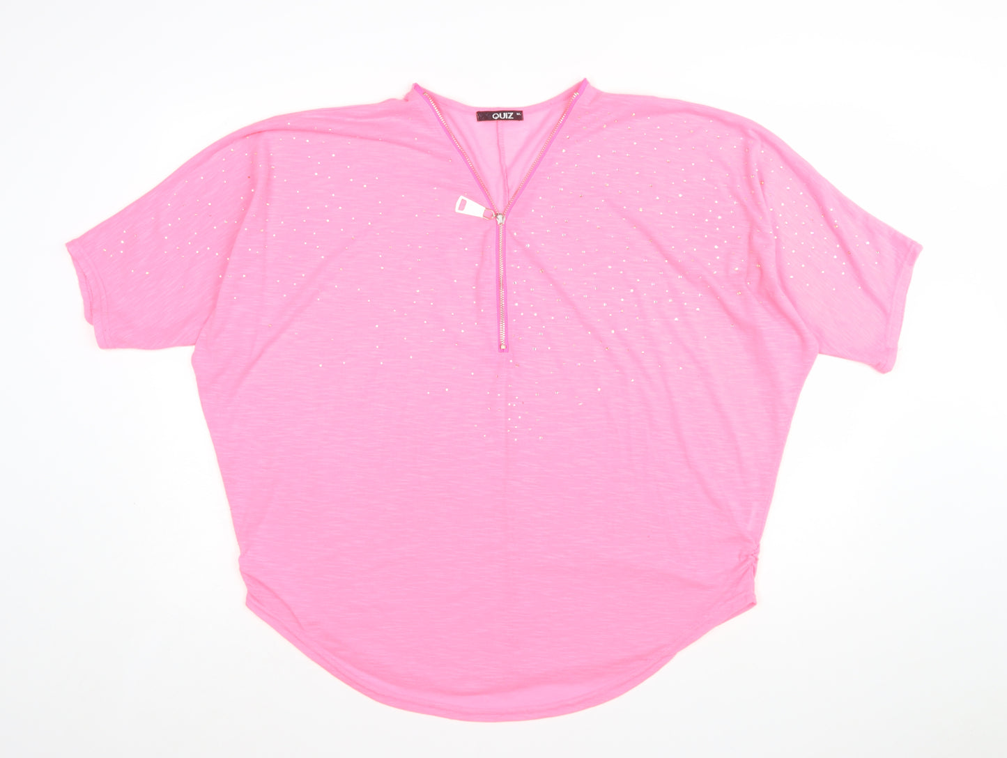 Quiz Womens Pink Rhinestone Zip V-Neck Short Sleeve Relaxed T-Shirt M