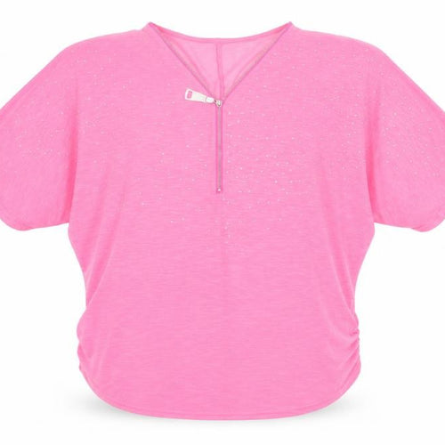 Quiz Womens Pink Rhinestone Zip V-Neck Short Sleeve Relaxed T-Shirt M