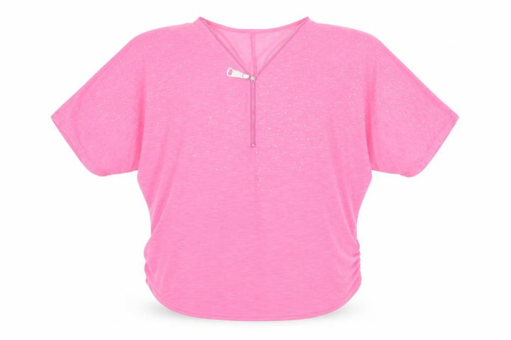 Quiz Womens Pink Rhinestone Zip V-Neck Short Sleeve Relaxed T-Shirt M