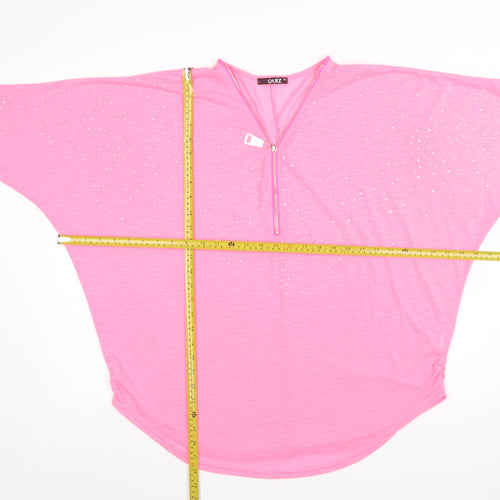 Quiz Womens Pink Rhinestone Zip V-Neck Short Sleeve Relaxed T-Shirt M
