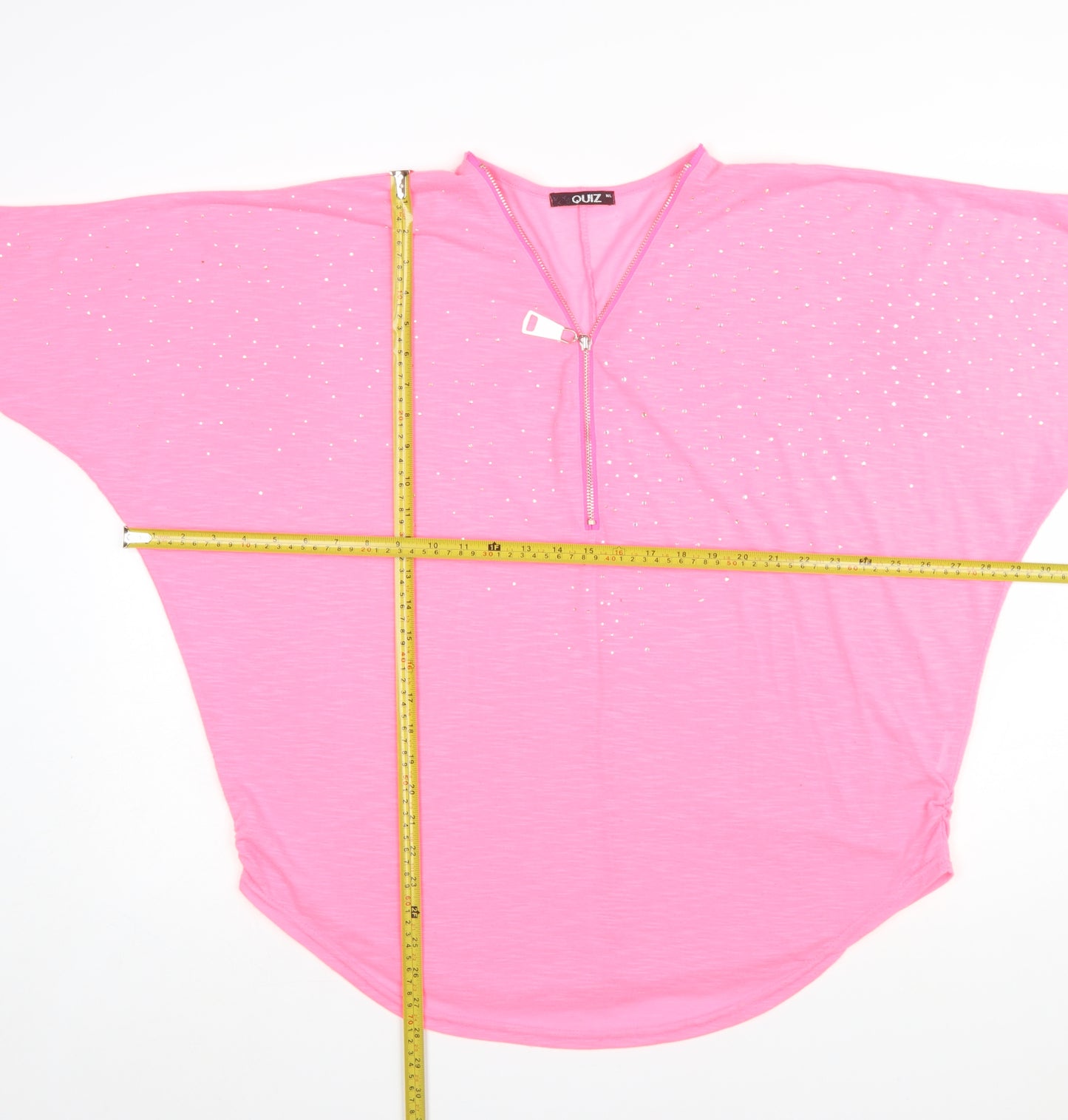 Quiz Womens Pink Rhinestone Zip V-Neck Short Sleeve Relaxed T-Shirt M