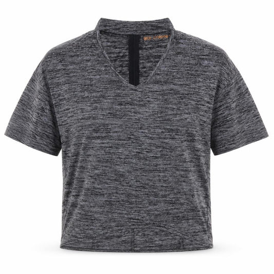 Front view of QED London Women's Grey Beaded V-Neck Long Sleeve Blouse, size S