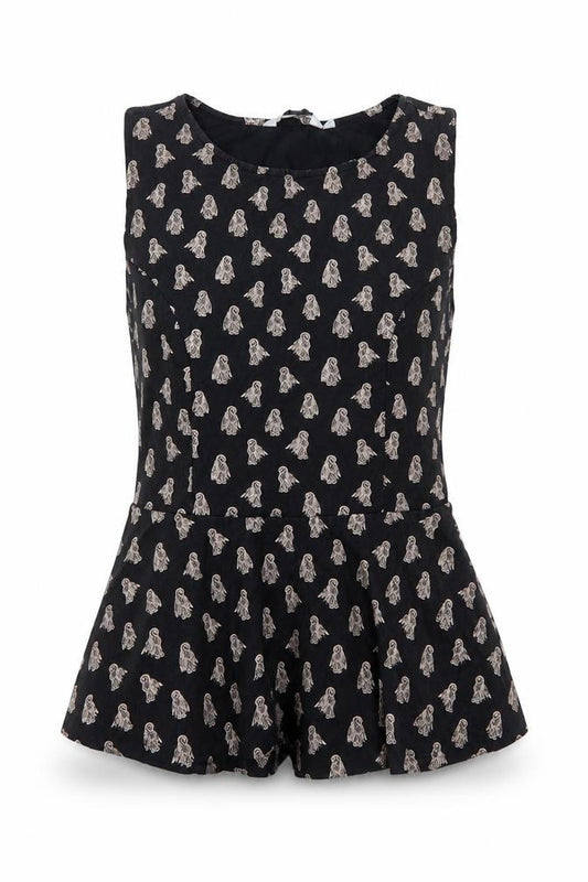 Front view of New Look Women's Black Peplum Blouse, size 10, Sleeveless Lightweight Top
