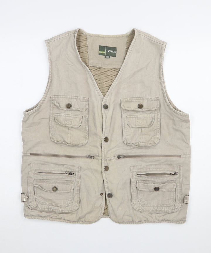 Fashion Men's Beige 3XL Outdoor Multi-Pocket Cotton Waistcoat