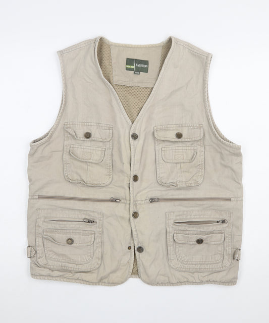 Fashion Men's Beige 3XL Outdoor Multi-Pocket Cotton Waistcoat