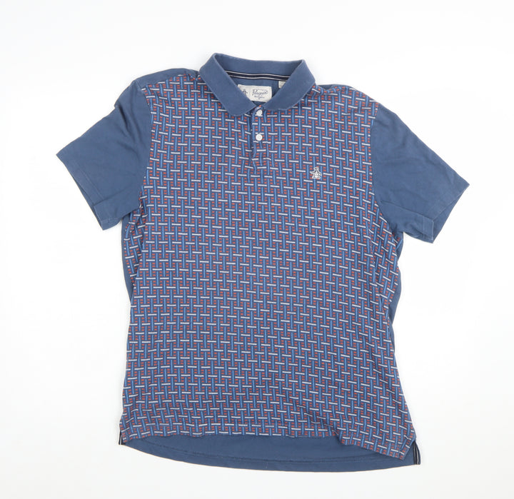 Original Penguin Men's Blue Geometric Cotton Polo Shirt L