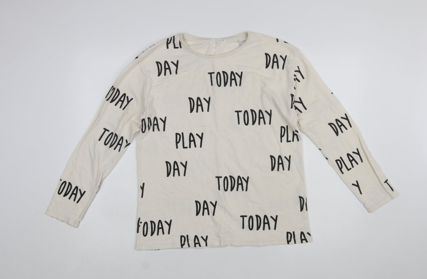 Zara Girls Ivory Long Sleeve 'Play Today' Cotton T-Shirt 11-12 Years
