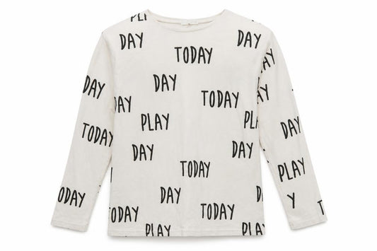 Zara Girls Ivory Long Sleeve 'Play Today' Cotton T-Shirt 11-12 Years