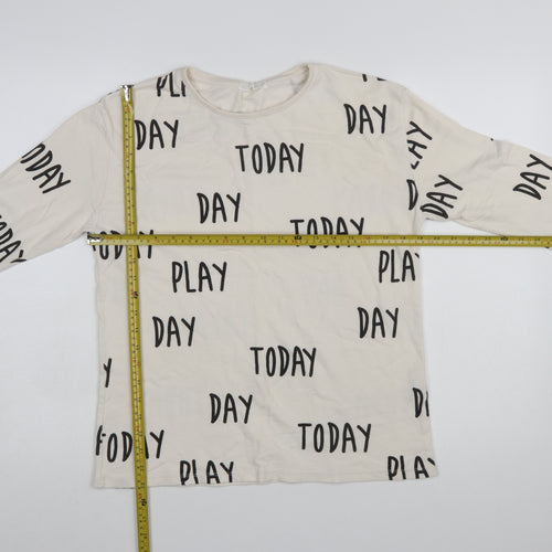 Zara Girls Ivory Long Sleeve 'Play Today' Cotton T-Shirt 11-12 Years