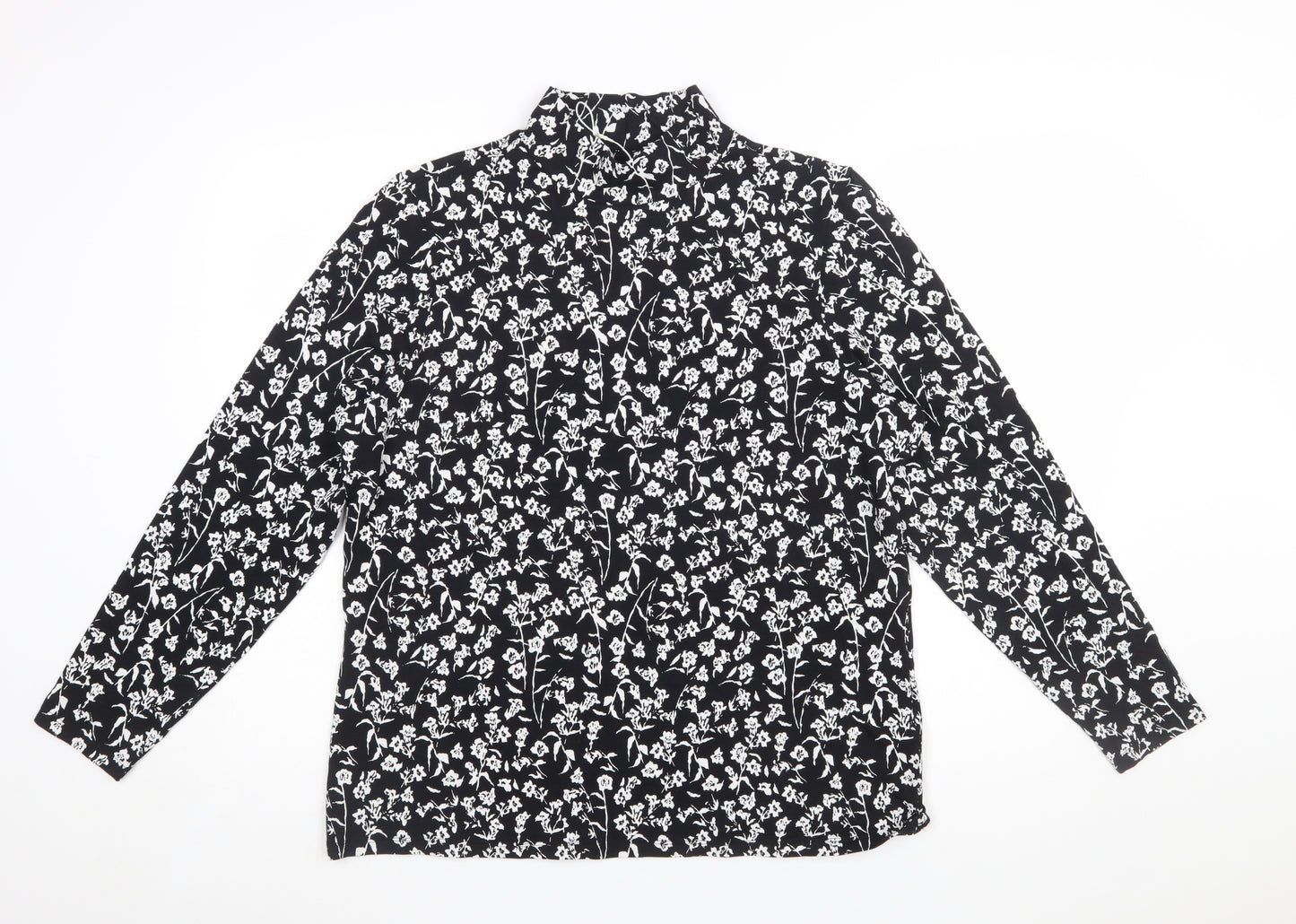 Marks and Spencer Womens Black Floral High Neck Long Sleeve Cotton Jersey Blouse Size 20