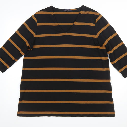 Marks and Spencer Women’s Black Brown Striped V-Neck Jersey Top Size 14