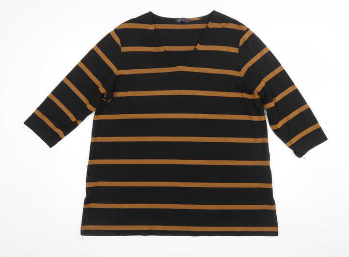 Marks and Spencer Women’s Black Brown Striped V-Neck Jersey Top Size 14