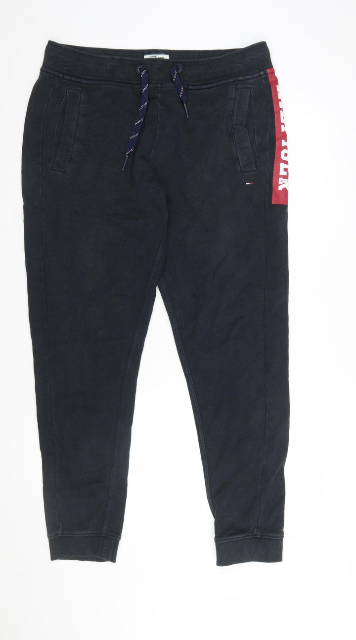 Tommy Hilfiger Men Black Jogger Trousers L Logo Elastic Waist
