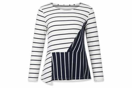 Front view of Marks & Spencer Per Una Women's Navy Mix Striped Long Sleeve Cotton T-Shirt, size 14