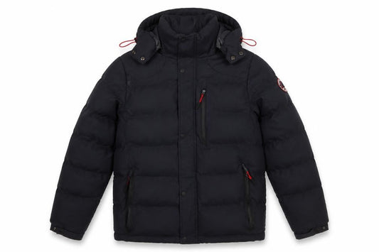 Front view of Tokyo Laundry Men's Black Hooded Puffer Jacket S Waterproof Winter Coat