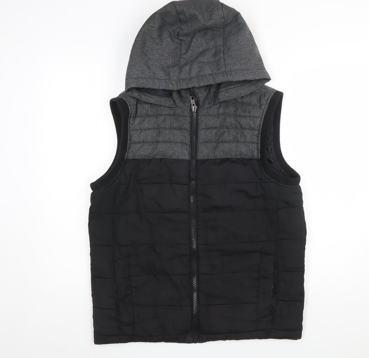 Identic Men Black Grey Hooded Quilted Waistcoat Size S 44/46