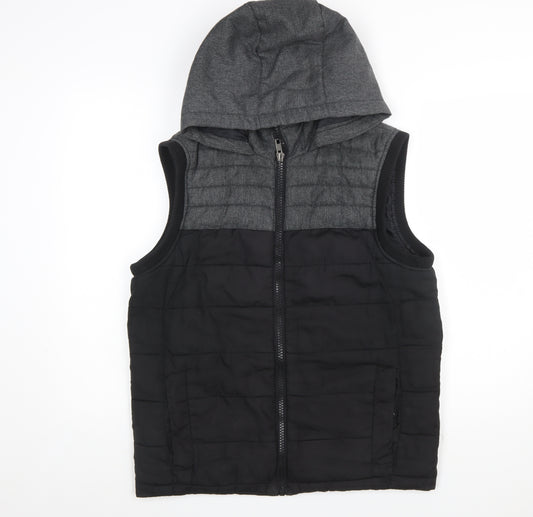 Identic Men Black Grey Hooded Quilted Waistcoat Size S 44/46