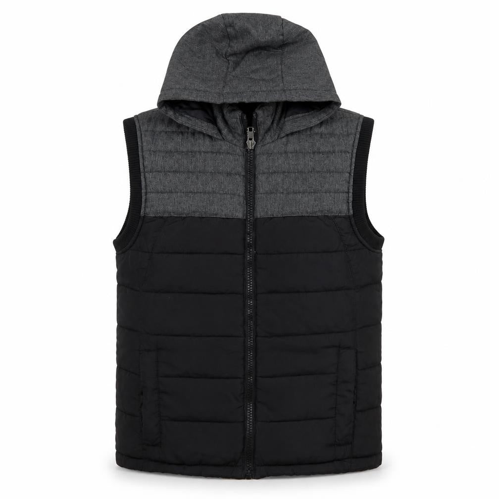 Front view of Identic Men Black Grey Hooded Quilted Waistcoat, size S, 44/46