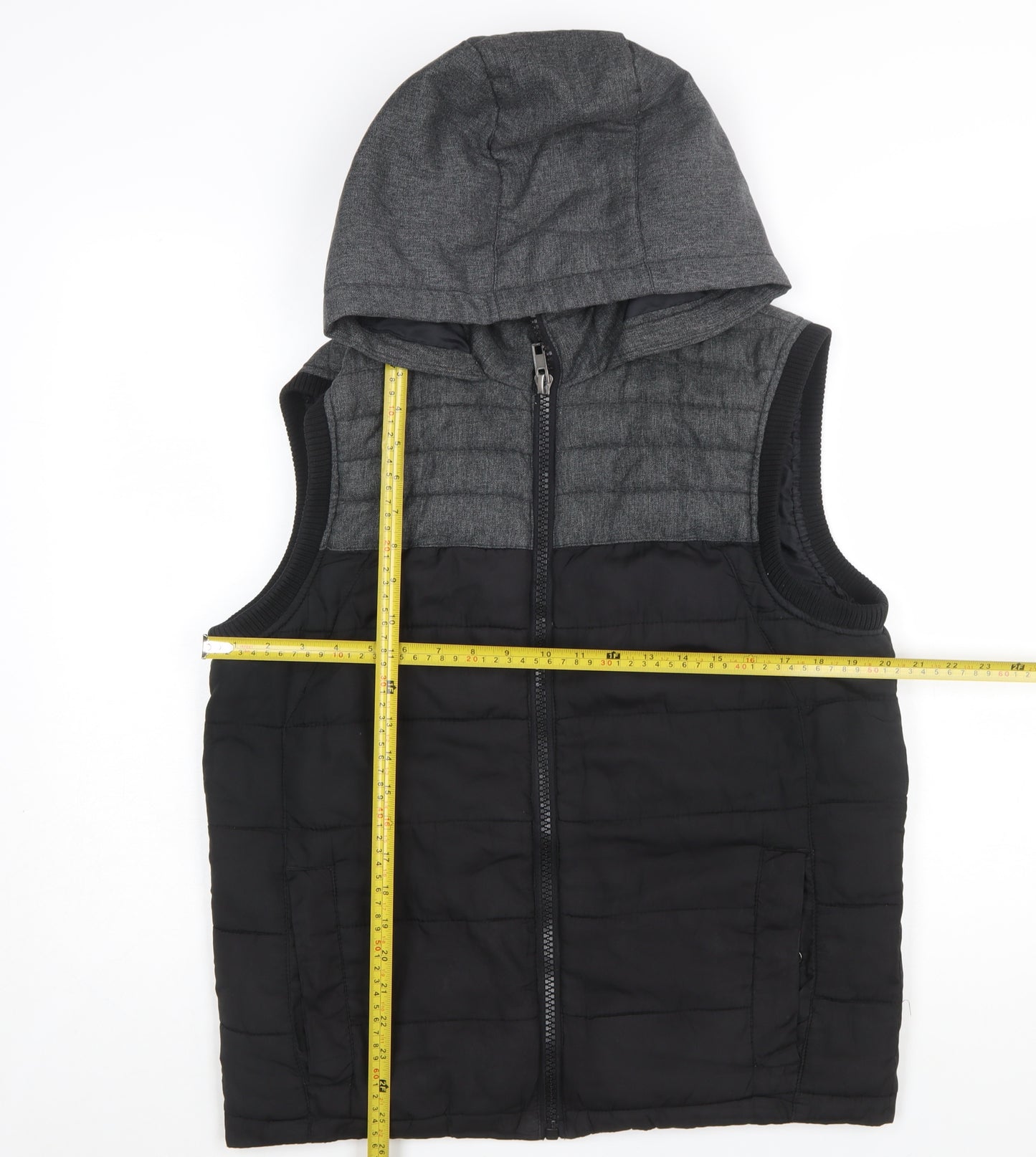 Identic Men Black Grey Hooded Quilted Waistcoat Size S 44/46