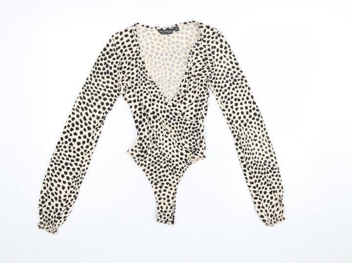 Miss Selfridge Women's Beige Animal Print Long Sleeve Bodysuit UK 6