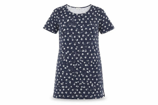 Front view of Laura Ashley Women Blue Floral Cotton Short Sleeve Shift Dress, size 10