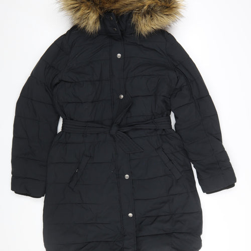 Abercrombie & Fitch Women’s Black Long Puffer Coat L Hooded Fur Trim