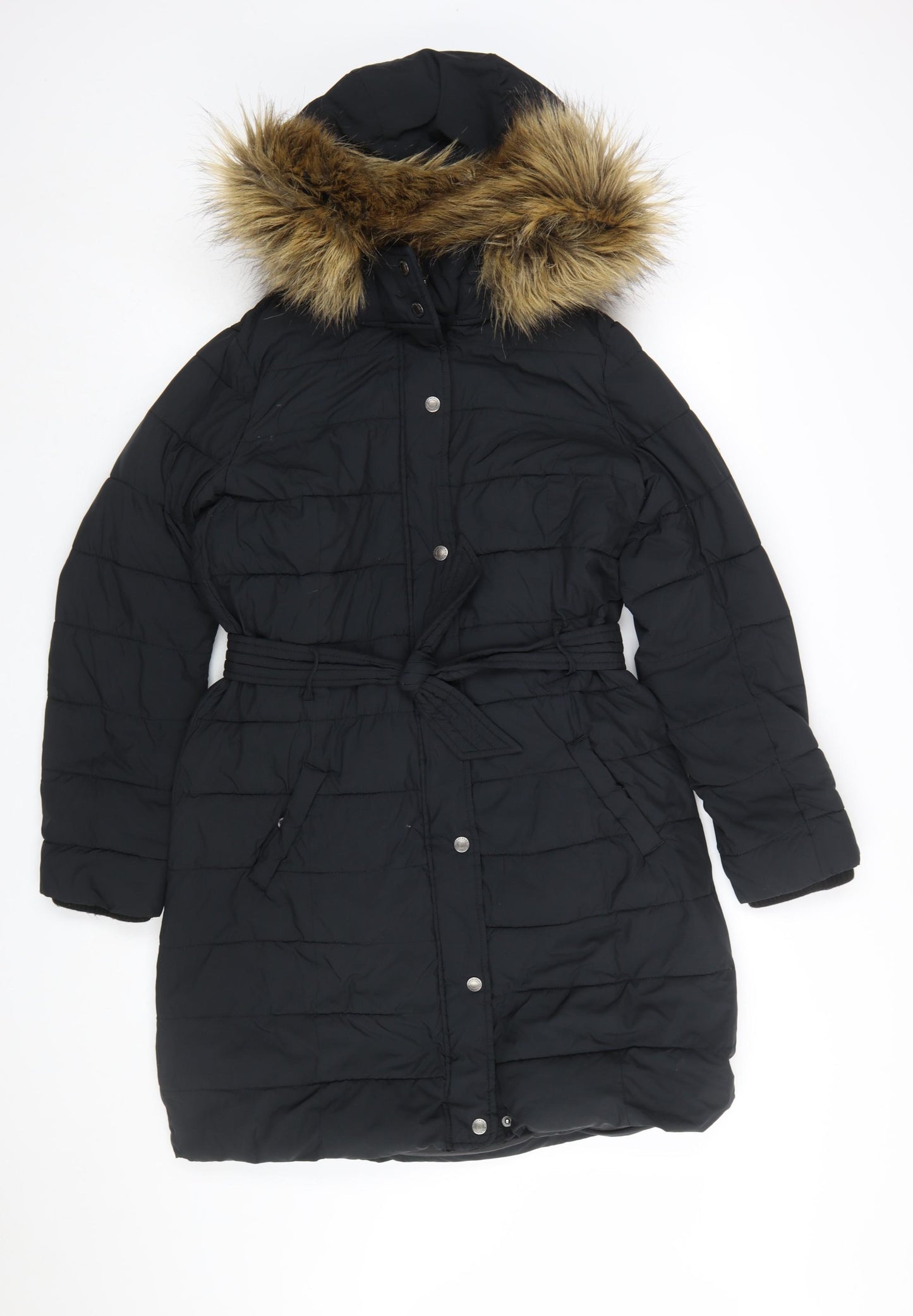 Abercrombie & Fitch Women’s Black Long Puffer Coat L Hooded Fur Trim