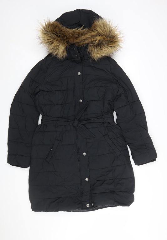 Abercrombie & Fitch Women’s Black Long Puffer Coat L Hooded Fur Trim