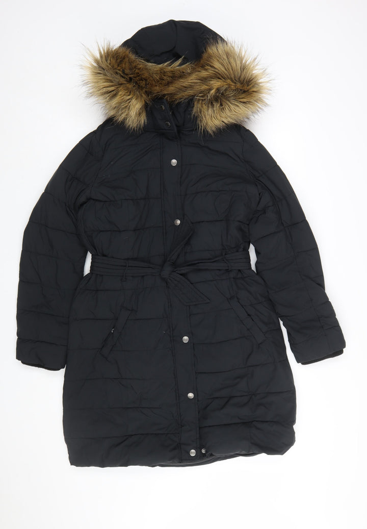 Abercrombie & Fitch Women’s Black Long Puffer Coat L Hooded Fur Trim