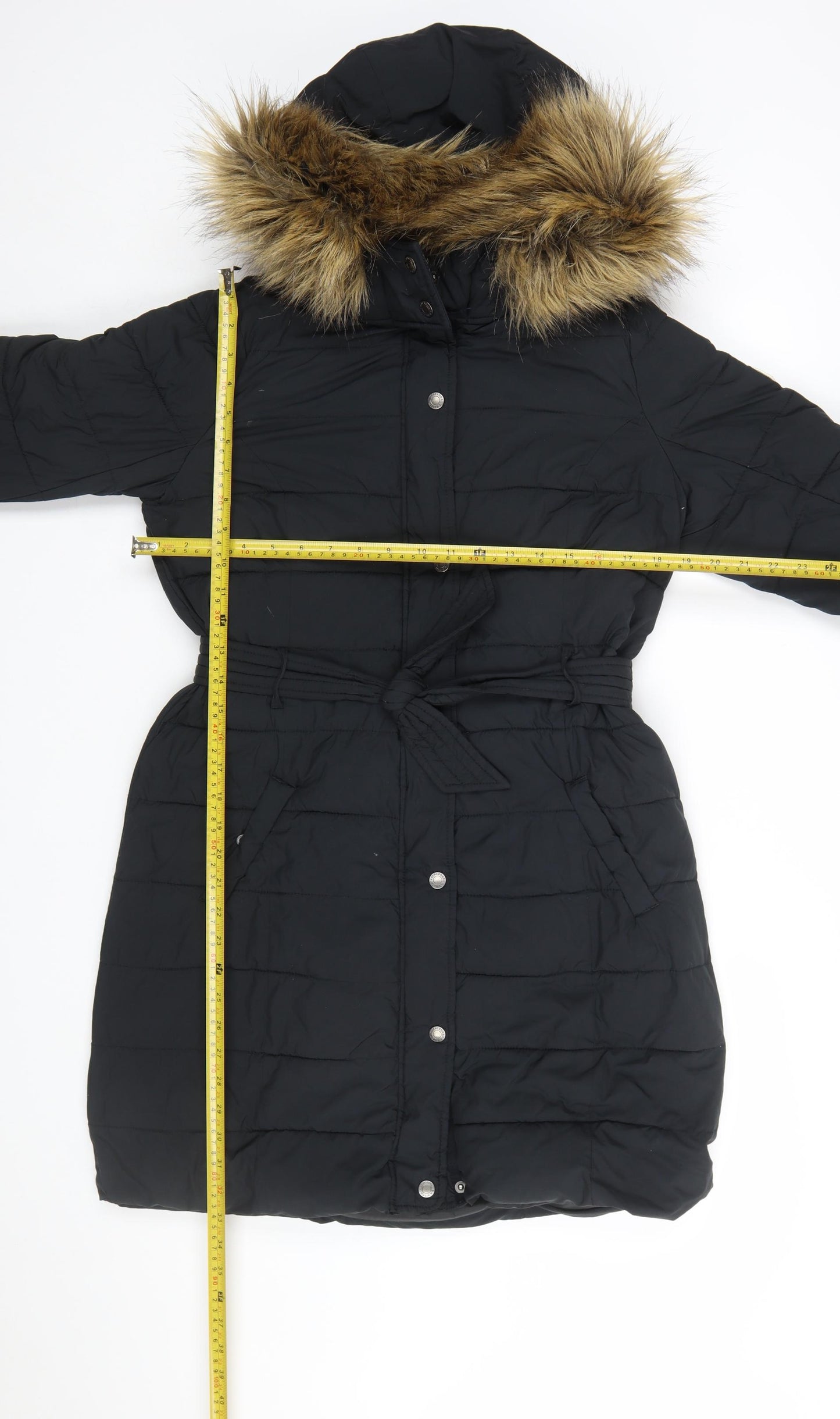 Abercrombie & Fitch Women’s Black Long Puffer Coat L Hooded Fur Trim