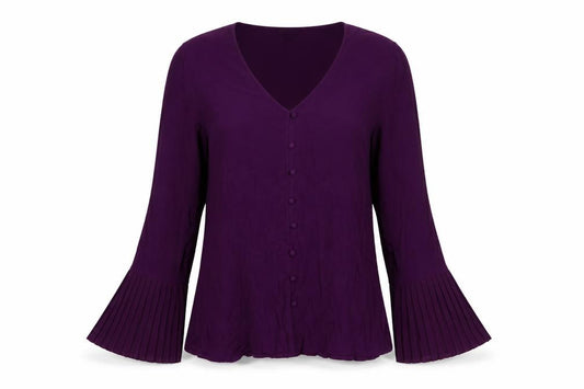 Front view of Massimo Dutti women’s purple v-neck pleated cuff tunic blouse xl