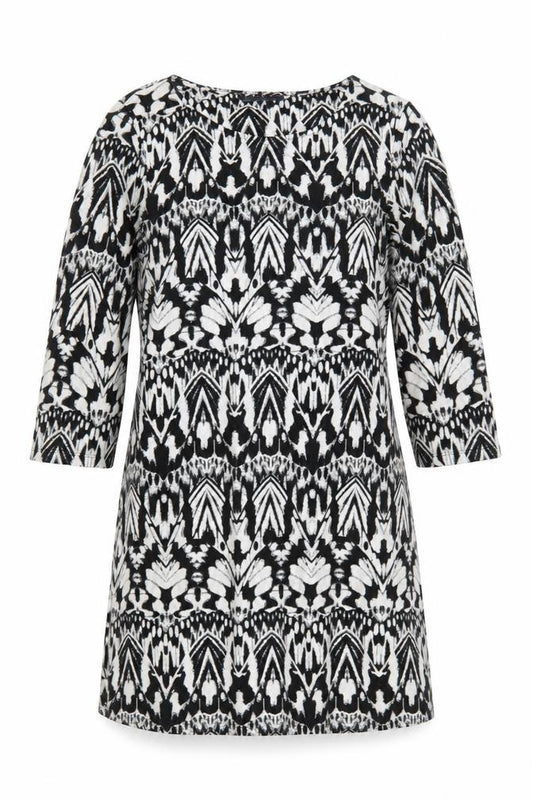 Front view of Marks & Spencer women’s black geometric shift dress, size UK 12