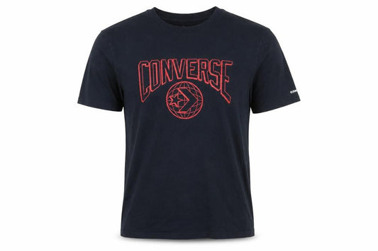 Front view of Converse Men's Black Graphic Logo Short Sleeve Cotton T-Shirt, size S