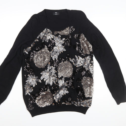 F&F Women's Black Sequin Floral Pullover Jumper Size 14