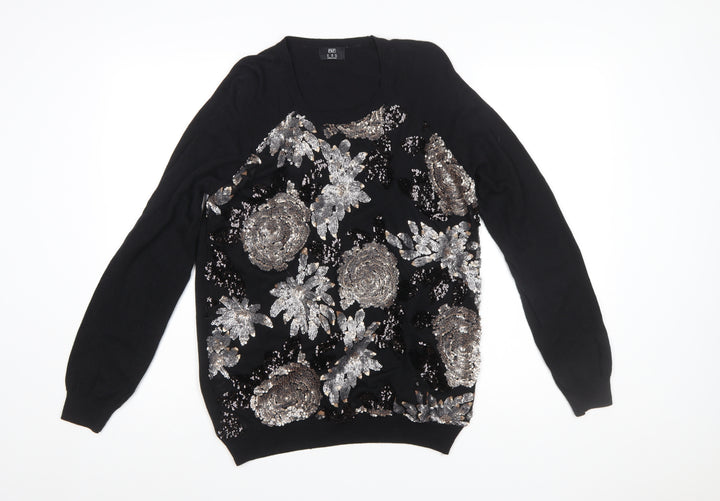 F&F Women's Black Sequin Floral Pullover Jumper Size 14