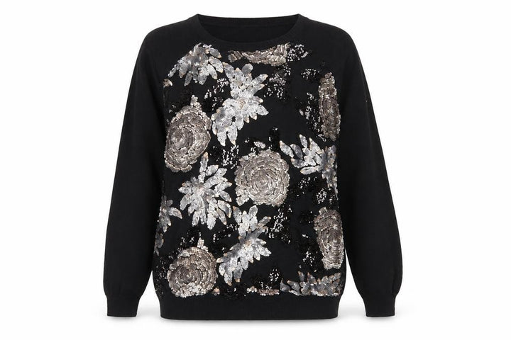 F&F Women's Black Sequin Floral Pullover Jumper Size 14