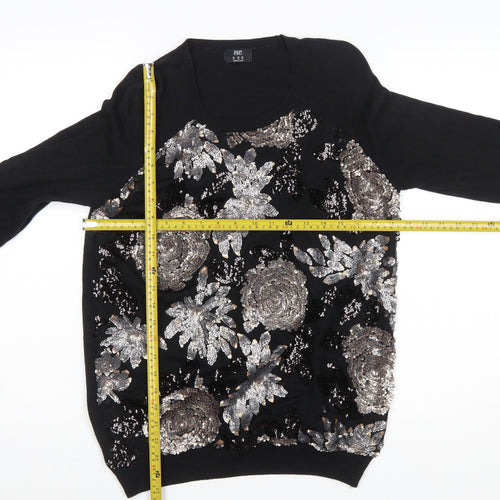 F&F Women's Black Sequin Floral Pullover Jumper Size 14