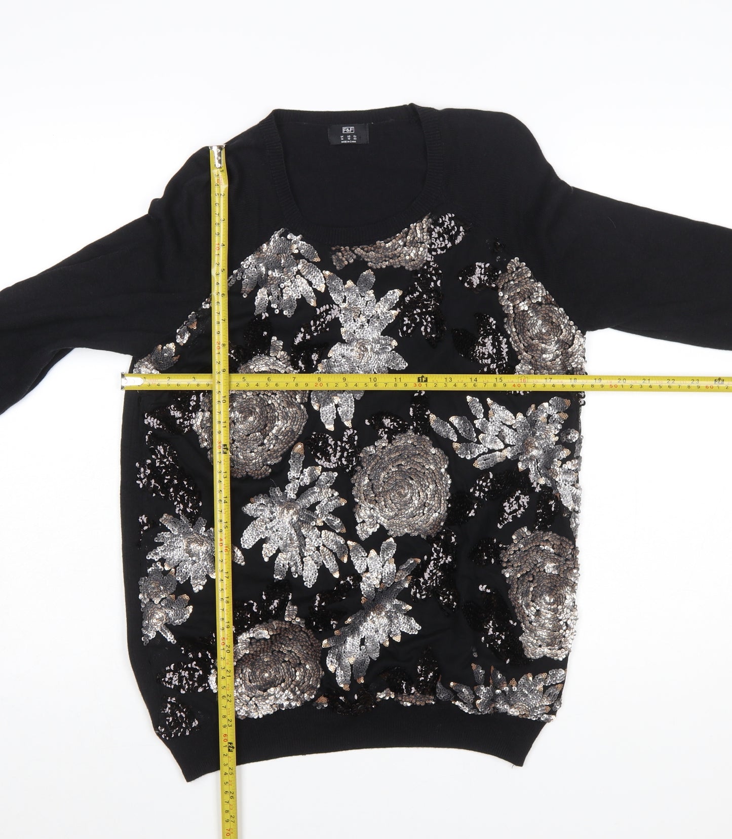 F&F Women's Black Sequin Floral Pullover Jumper Size 14