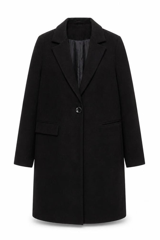 Front view of New Look Women’s Black Mid-Length Coat, size UK 8, Classic Overcoat