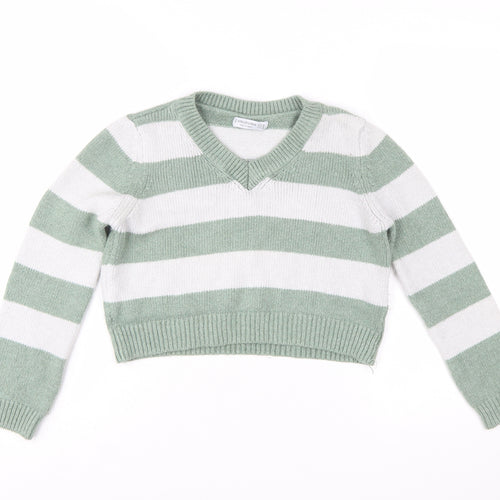 Stradivarius Women's Green White Striped V-Neck Knit Jumper Size 12