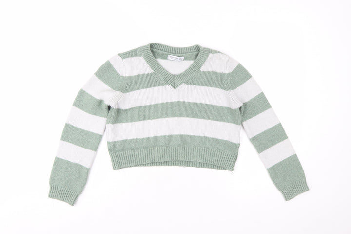 Stradivarius Women's Green White Striped V-Neck Knit Jumper Size 12