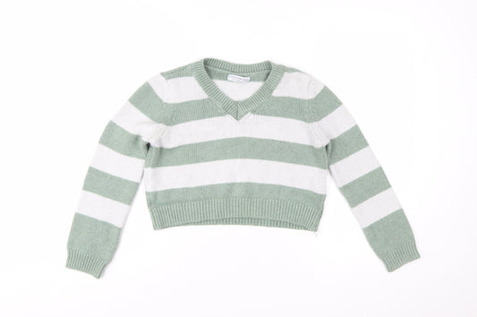 Stradivarius Women's Green White Striped V-Neck Knit Jumper Size 12