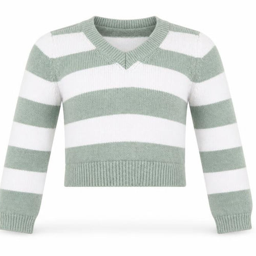 Stradivarius Women's Green White Striped V-Neck Knit Jumper Size 12