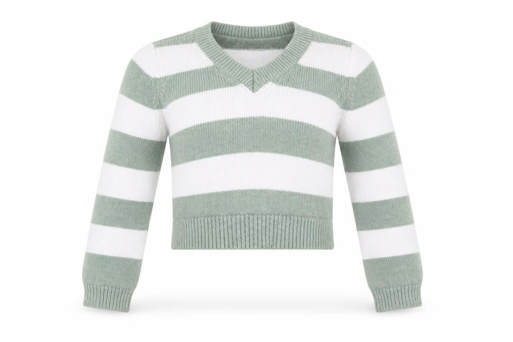 Stradivarius Women's Green White Striped V-Neck Knit Jumper Size 12
