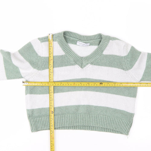 Stradivarius Women's Green White Striped V-Neck Knit Jumper Size 12
